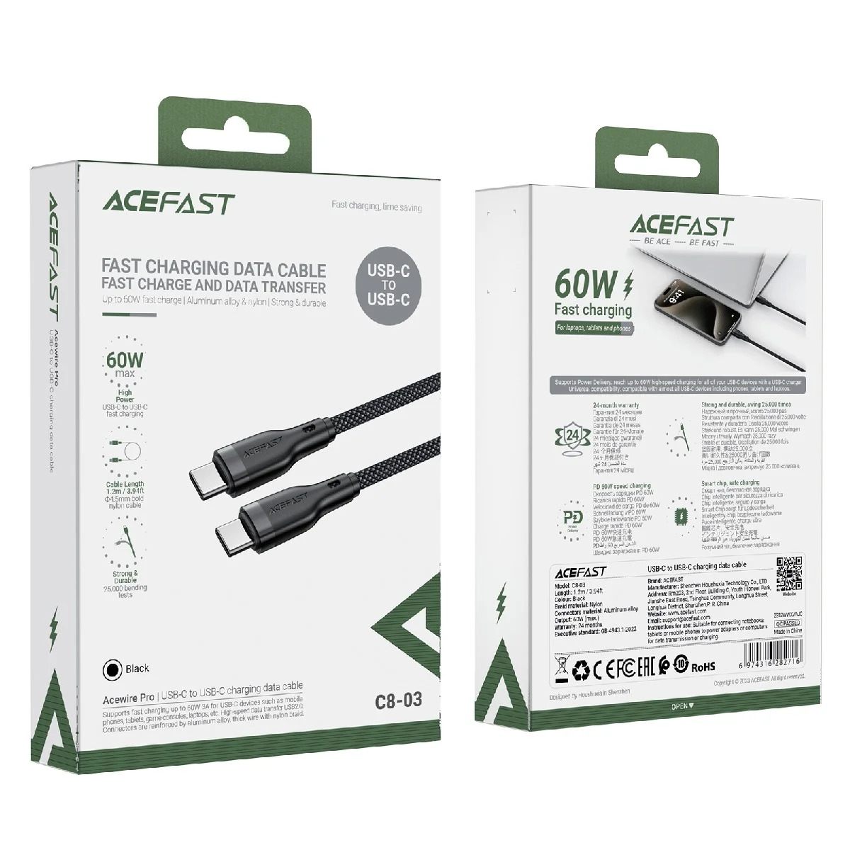 Καλώδιο σύνδεσης Acefast C8-03 USB-C σε USB-C 60W Braided Μαύρο 1.2m Καλώδιο σύνδεσης Acefast C8-03 USB-C σε USB-C 60W Braided Μαύρο 1.2m
