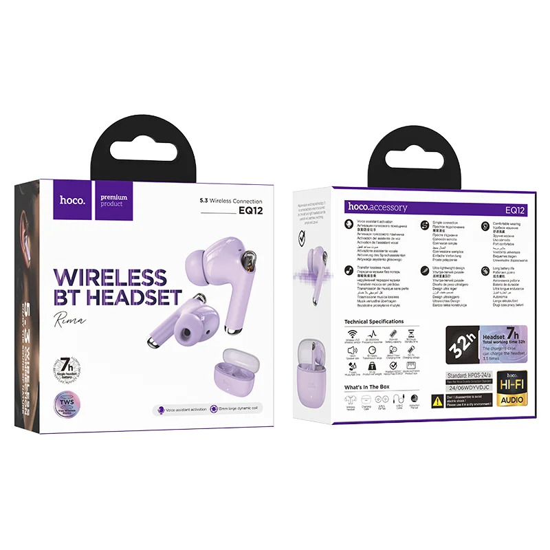 Wireless Hands Free Hoco EQ12 Rima TWS V5.3 350mAh 7 Ώρες Λειτουργίας με Πλήκτρο Ελέγχου και Συμβατό με Siri Μωβ Wireless Hands Free Hoco EQ12 Rima TWS V5.3 350mAh 7 Ώρες Λειτουργίας με Πλήκτρο Ελέγχου και Συμβατό με Siri Μωβ