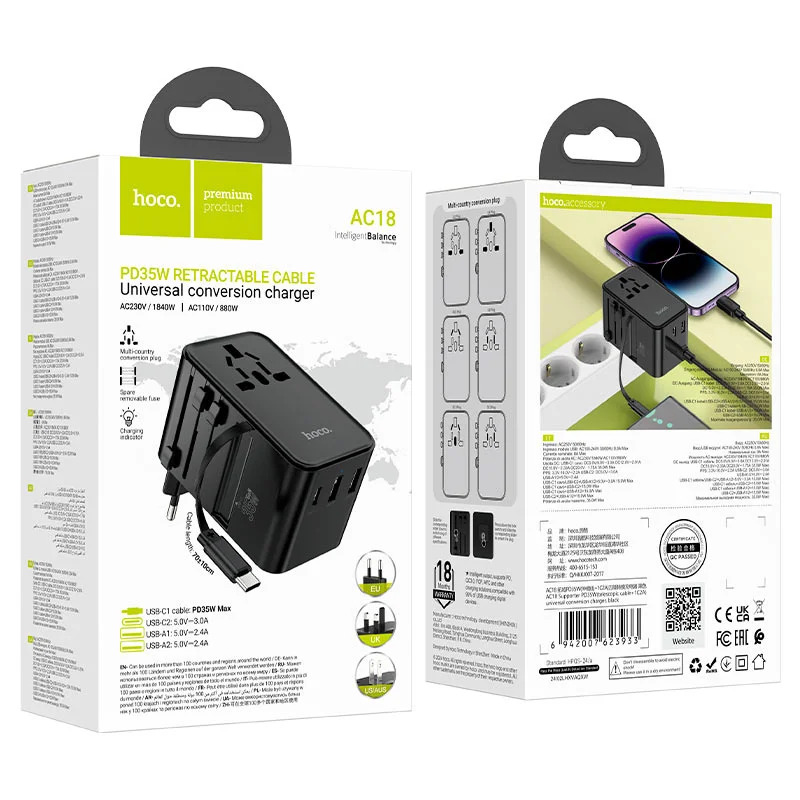 Φορτιστής Ταξιδίου Hoco AC18 Universal Converter US EU AU UK με 2xUSB 1xUSB-C και Ενσωματομένο Καλώδιο USB-C PD35W QC3.0 Μαύρο Φορτιστής Ταξιδίου Hoco AC18 Universal Converter US EU AU UK με 2xUSB 1xUSB-C και Ενσωματομένο Καλώδιο USB-C PD35W QC3.0 Μαύρο