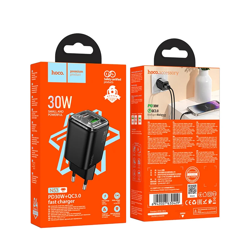 Φορτιστής Ταξιδίου Small Size Hoco N53 Monsoon PD30W QC3.0A GaN με 2 Εξόδους Φόρτισης 1xUSB-A και 1xUSB-C Μαύρος Φορτιστής Ταξιδίου Small Size Hoco N53 Monsoon PD30W QC3.0A GaN με 2 Εξόδους Φόρτισης 1xUSB-A και 1xUSB-C Μαύρος