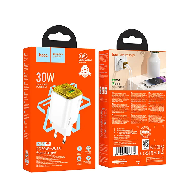 Φορτιστής Ταξιδίου Hoco N53 Monsoon με 1xUSB QC3.0 και 1xUSB-C PD30W GaN Tech Ασπρος Φορτιστής Ταξιδίου Hoco N53 Monsoon με 1xUSB QC3.0 και 1xUSB-C PD30W GaN Tech Ασπρος
