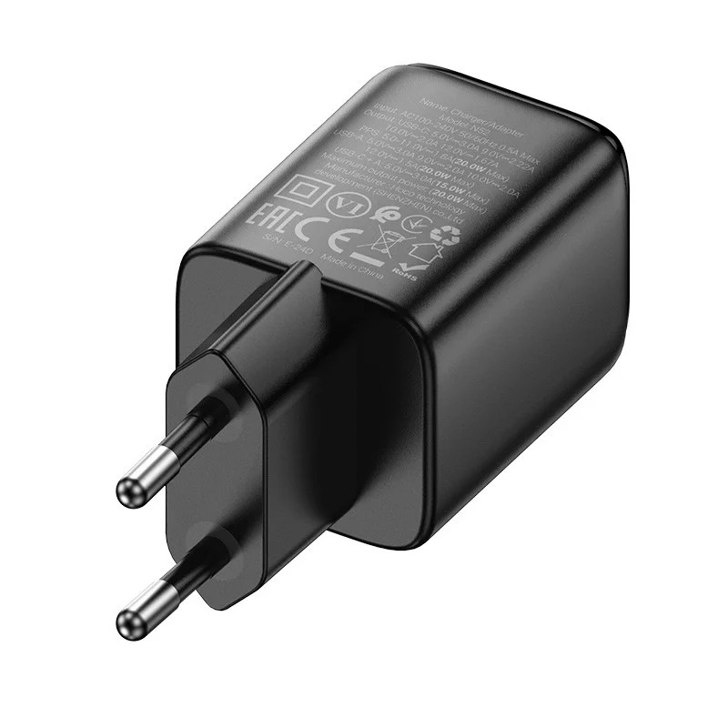 Φορτιστής Ταξιδίου Small Body Hoco N52 Monsoon με 2 Εξόδους Φόρτισης 1xUSB QC3.0A και 1xUSB-C PD20W GaN Tech Μαύρος Φορτιστής Ταξιδίου Small Body Hoco N52 Monsoon με 2 Εξόδους Φόρτισης 1xUSB QC3.0A και 1xUSB-C PD20W GaN Tech Μαύρος
