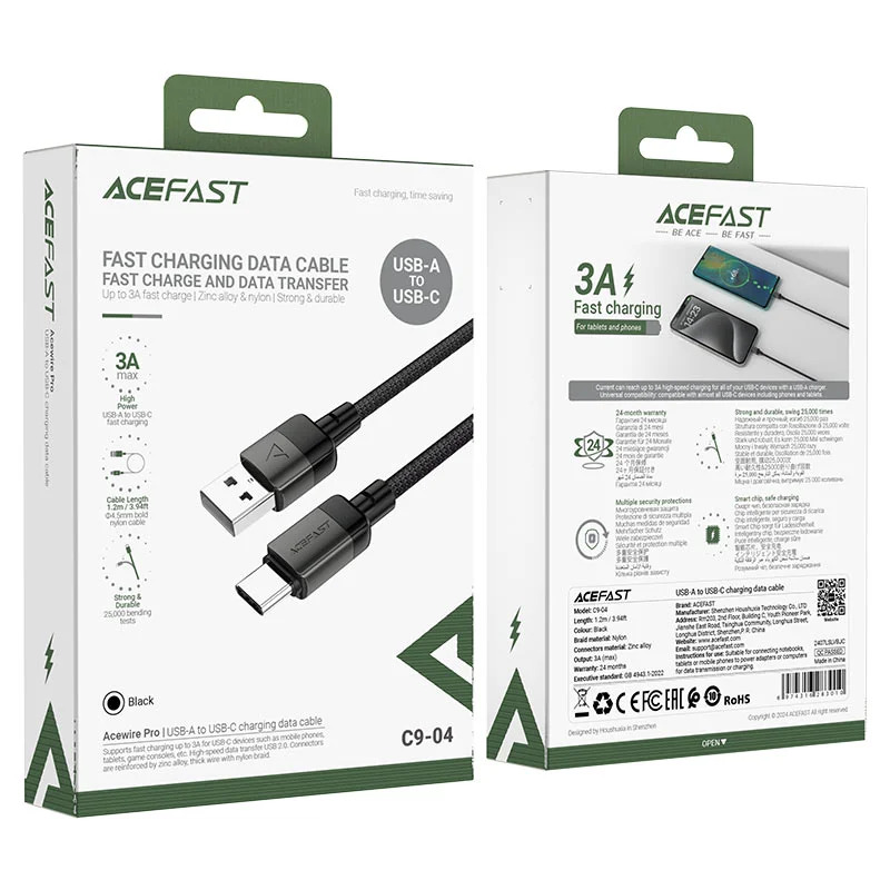 Καλώδιο Acefast C9-04 Μεταλλικό USB σε USB-C 3.0A Γρήγορη Φόρτιση Braided Μαύρο 1.2m Καλώδιο Acefast C9-04 Μεταλλικό USB σε USB-C 3.0A Γρήγορη Φόρτιση Braided Μαύρο 1.2m