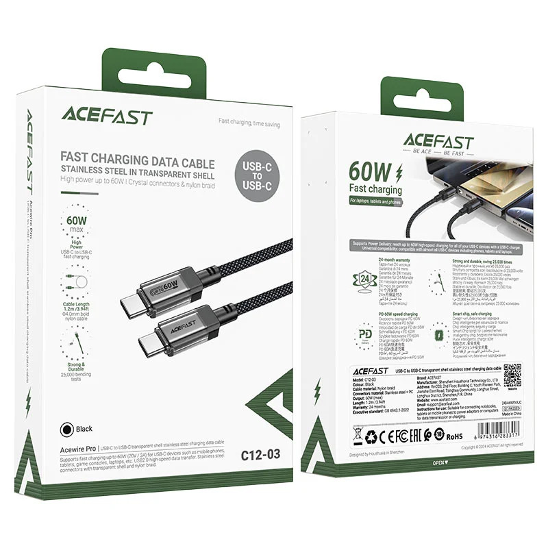 Καλώδιο Acefast C12-03 USB-C σε USB-C PD60W 3A Braided Μαύρο 1.2m Καλώδιο Acefast C12-03 USB-C σε USB-C PD60W 3A Braided Μαύρο 1.2m