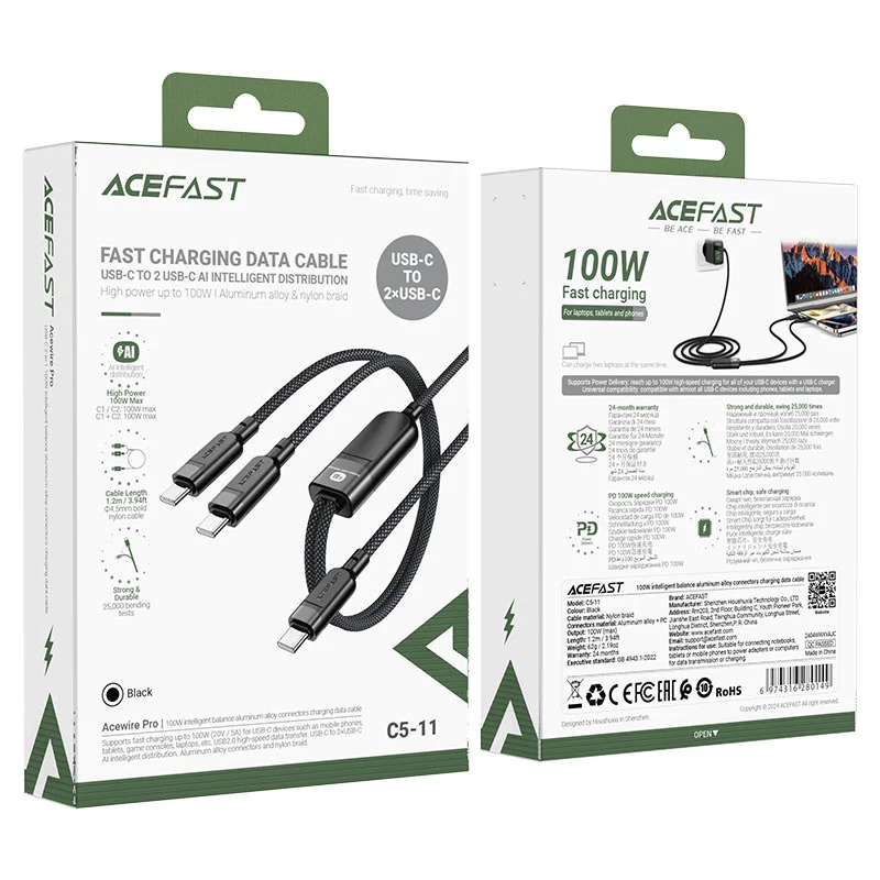 Καλώδιο Σύνδεσης Acefast C5-11 Μεταλλικό USB-C σε 2xUSB-C PD100W 20V/5A Braided Μαύρο 1.2m Καλώδιο Σύνδεσης Acefast C5-11 Μεταλλικό USB-C σε 2xUSB-C PD100W 20V/5A Braided Μαύρο 1.2m