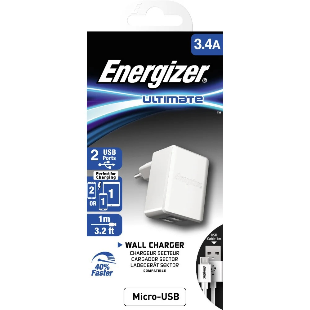 Φορτιστής Ταξιδίου Energizer ACW2CEUUMC3 3.4A με 2 θύρες USB A και Καλώδιο Micro USB 1m Φορτιστής Ταξιδίου Energizer ACW2CEUUMC3 3.4A με 2 θύρες USB A και Καλώδιο Micro USB 1m