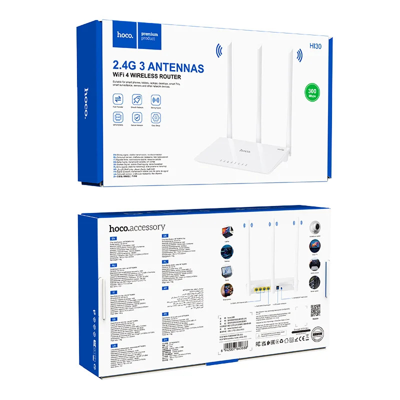 Wifi Router Hoco HI30 Wifi4 300Mbps 2.4GHz 3 x 5dBi Λευκό Wifi Router Hoco HI30 Wifi4 300Mbps 2.4GHz 3 x 5dBi Λευκό