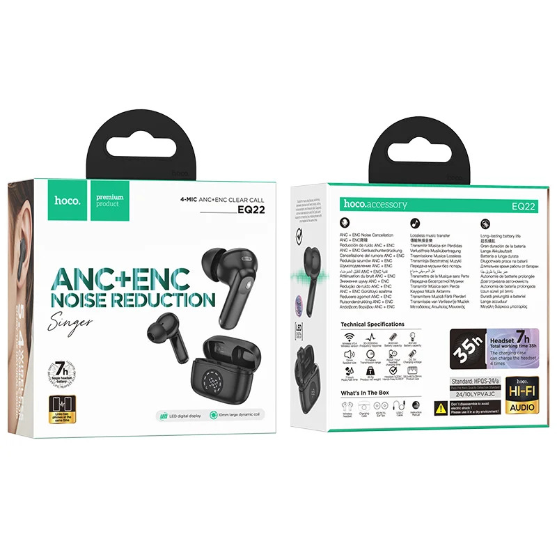 Wireless Hands Free Hoco EQ22 Singer TWS V5.4 400mAh με 7 Ώρες Λειτουργίας και Εναλλαγή Master/Slave ANC+ENC Μαύρα Wireless Hands Free Hoco EQ22 Singer TWS V5.4 400mAh με 7 Ώρες Λειτουργίας και Εναλλαγή Master/Slave ANC+ENC Μαύρα