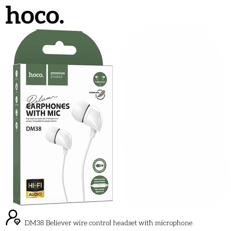 Hands Free Hoco DM38 Believer Stereo 3.5mm με Μικρόφωνο και Πλήκτρο Λειτουργίας 1.2m Λευκά Hands Free Hoco DM38 Believer Stereo 3.5mm με Μικρόφωνο και Πλήκτρο Λειτουργίας 1.2m Λευκά