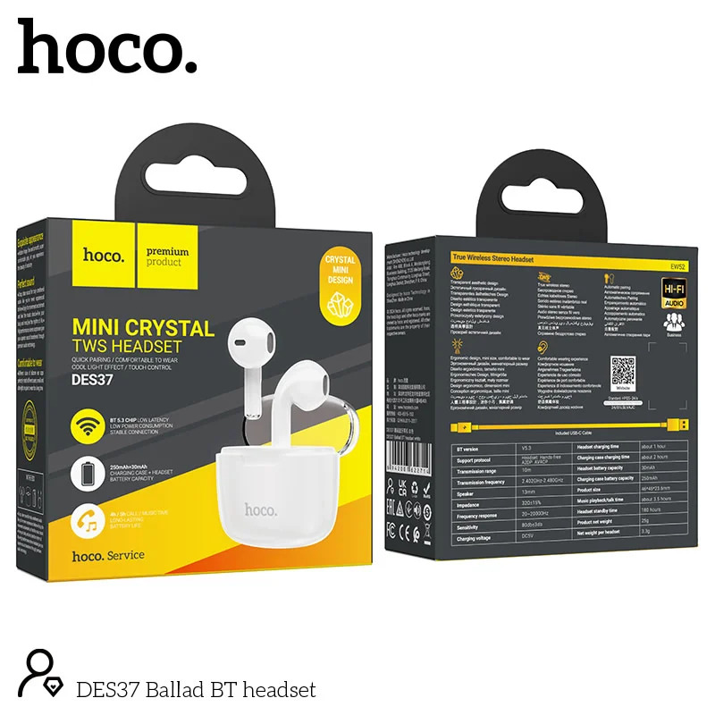 Wireless Hands Free Hoco DES37 Ballad TWS V5.3 250mAh 3.5 Ώρες Λειτουργίας με Πλήκτρο Ελέγχου και Συμβατό με Siri Λευκά Wireless Hands Free Hoco DES37 Ballad TWS V5.3 250mAh 3.5 Ώρες Λειτουργίας με Πλήκτρο Ελέγχου και Συμβατό με Siri Λευκά