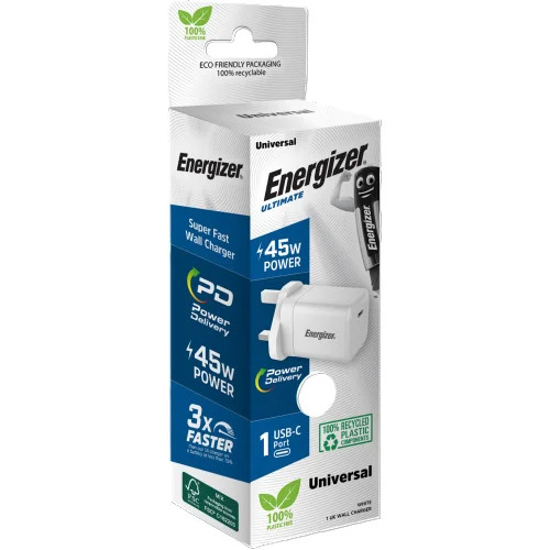 Φορτιστής Ταξιδίου Energizer Fast Charge με USB-C PD45W Λευκός με UK Plug Φορτιστής Ταξιδίου Energizer Fast Charge με USB-C PD45W Λευκός με UK Plug