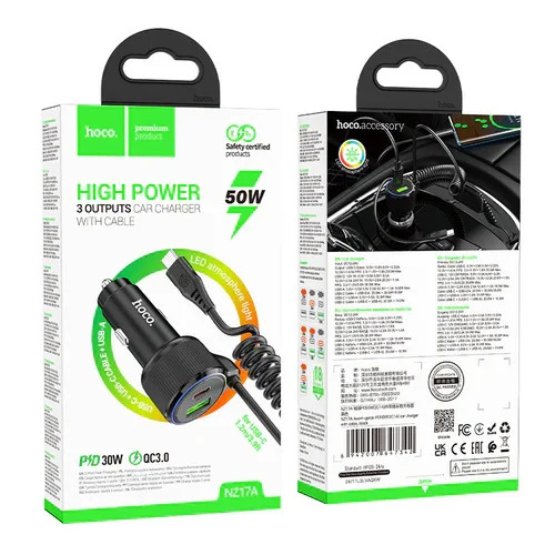 Φορτιστής Αυτοκινήτου Hoco NZ17A Avant-garde 1xUSB-A και 2xUSB-C 50W PD+QC με Καλώδιο Type-C Black Φορτιστής Αυτοκινήτου Hoco NZ17A Avant-garde 1xUSB-A και 2xUSB-C 50W PD+QC με Καλώδιο Type-C Black