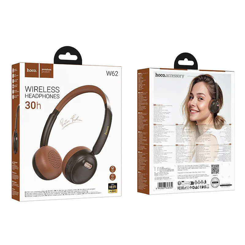 Wireless Ακουστικά Stereo Hoco W62 Verso Retro V5.4 300mAh με Ενσωματωμένο Μικρόφωνο Καφέ - Μαύρο Wireless Ακουστικά Stereo Hoco W62 Verso Retro V5.4 300mAh με Ενσωματωμένο Μικρόφωνο Καφέ - Μαύρο