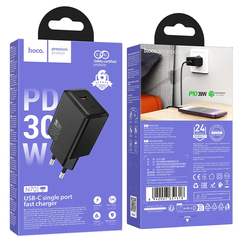 Φορτιστής Ταξιδίου Hoco N70 Nuevo με 1 Εξόδο Φόρτισης USB-C GaN PD30W 5V 3.0A Μαύρος Φορτιστής Ταξιδίου Hoco N70 Nuevo με 1 Εξόδο Φόρτισης USB-C GaN PD30W 5V 3.0A Μαύρος
