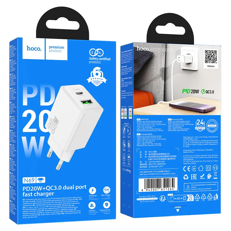 Φορτιστής Ταξιδίου Hoco N69 Nuevo PD20W 5V QC3.0A με 2 Εξόδους Φόρτισης 1xUSB-C και 1xUSB-A Λευκός Φορτιστής Ταξιδίου Hoco N69 Nuevo PD20W 5V QC3.0A με 2 Εξόδους Φόρτισης 1xUSB-C και 1xUSB-A Λευκός