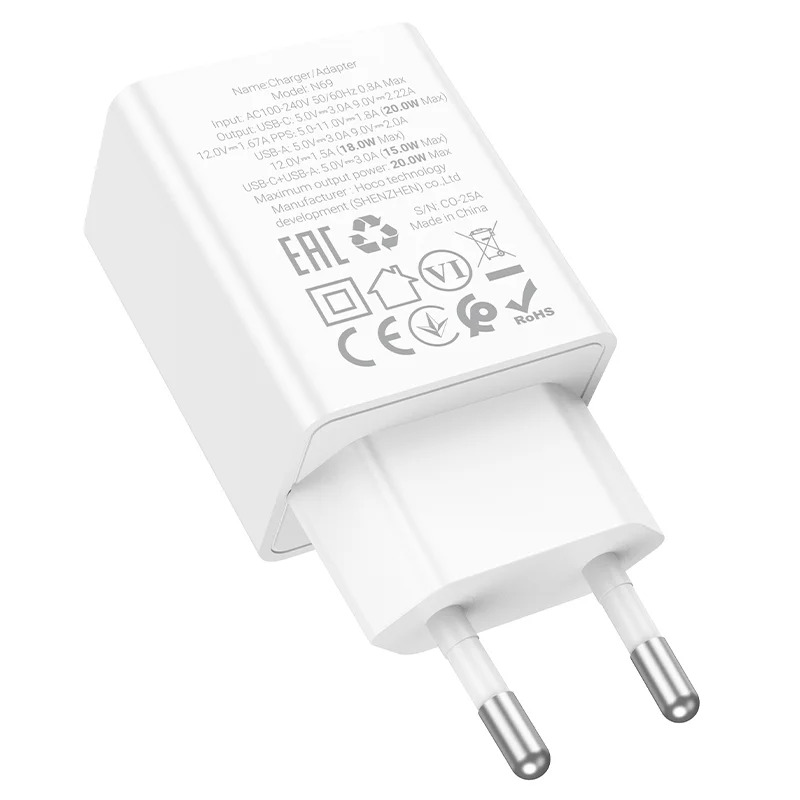 Φορτιστής Ταξιδίου Hoco N69 Nuevo PD20W 5V QC3.0A με 2 Εξόδους Φόρτισης 1xUSB-C και 1xUSB-A Λευκός Φορτιστής Ταξιδίου Hoco N69 Nuevo PD20W 5V QC3.0A με 2 Εξόδους Φόρτισης 1xUSB-C και 1xUSB-A Λευκός