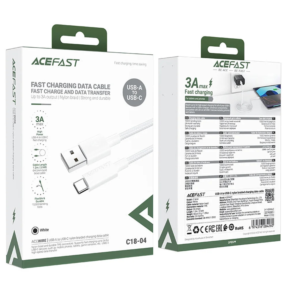 Καλώδιο Σύνδεσης Acefast C18-04 USB-A σε USB-C 3A Fast Charge USB2.0 Braided Λευκό 1.2m. Καλώδιο Σύνδεσης Acefast C18-04 USB-A σε USB-C 3A Fast Charge USB2.0 Braided Λευκό 1.2m.