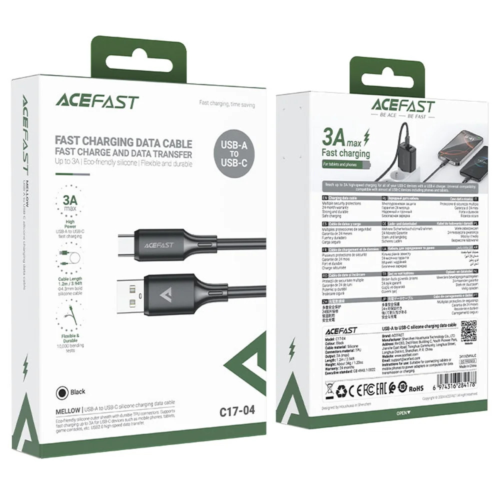 Καλώδιο Σύνδεσης Acefast C17-04 USB-A σε USB-C 3A Fast Charge USB2.0 Silicon Μαύρο 1.2m. Καλώδιο Σύνδεσης Acefast C17-04 USB-A σε USB-C 3A Fast Charge USB2.0 Silicon Μαύρο 1.2m.
