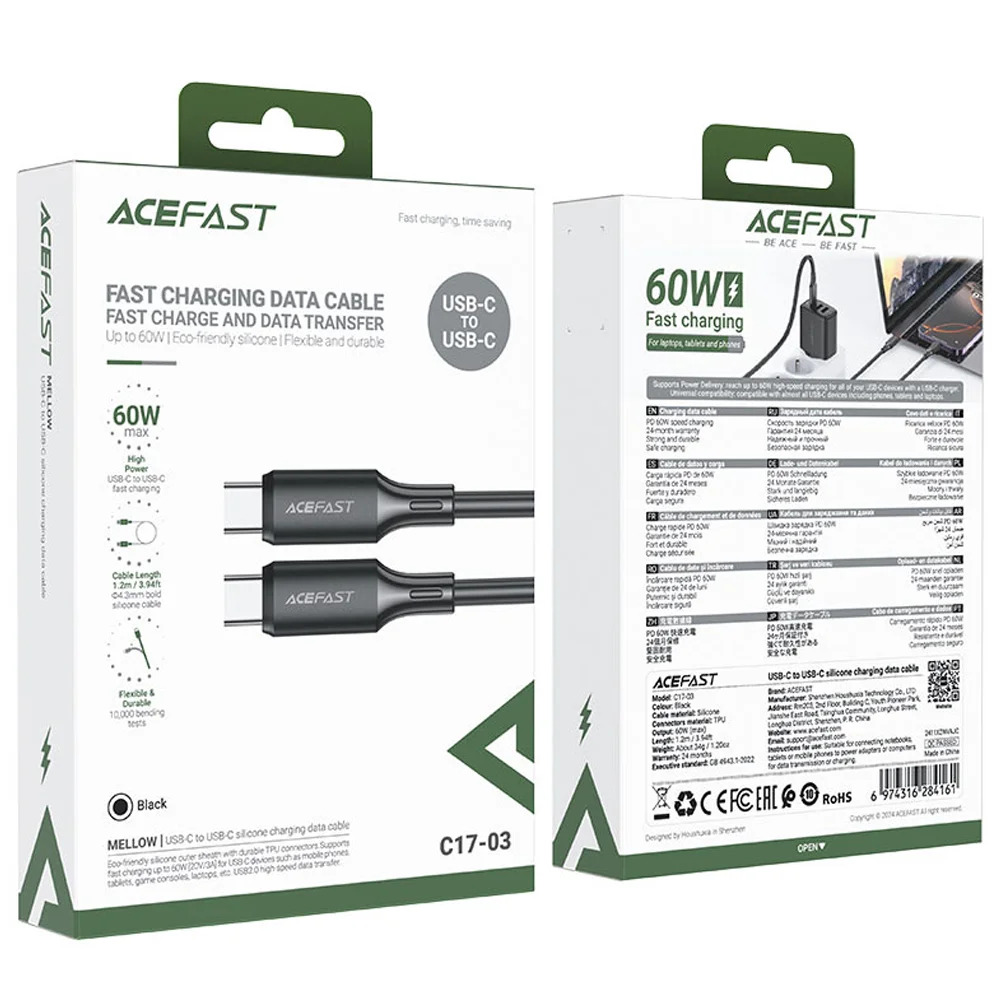 Καλώδιο Σύνδεσης Acefast C17-03 USB-C σε USB-C PD60W 3A Fast Charge USB2.0 Silicon Μαύρο 1.2m. Καλώδιο Σύνδεσης Acefast C17-03 USB-C σε USB-C PD60W 3A Fast Charge USB2.0 Silicon Μαύρο 1.2m.