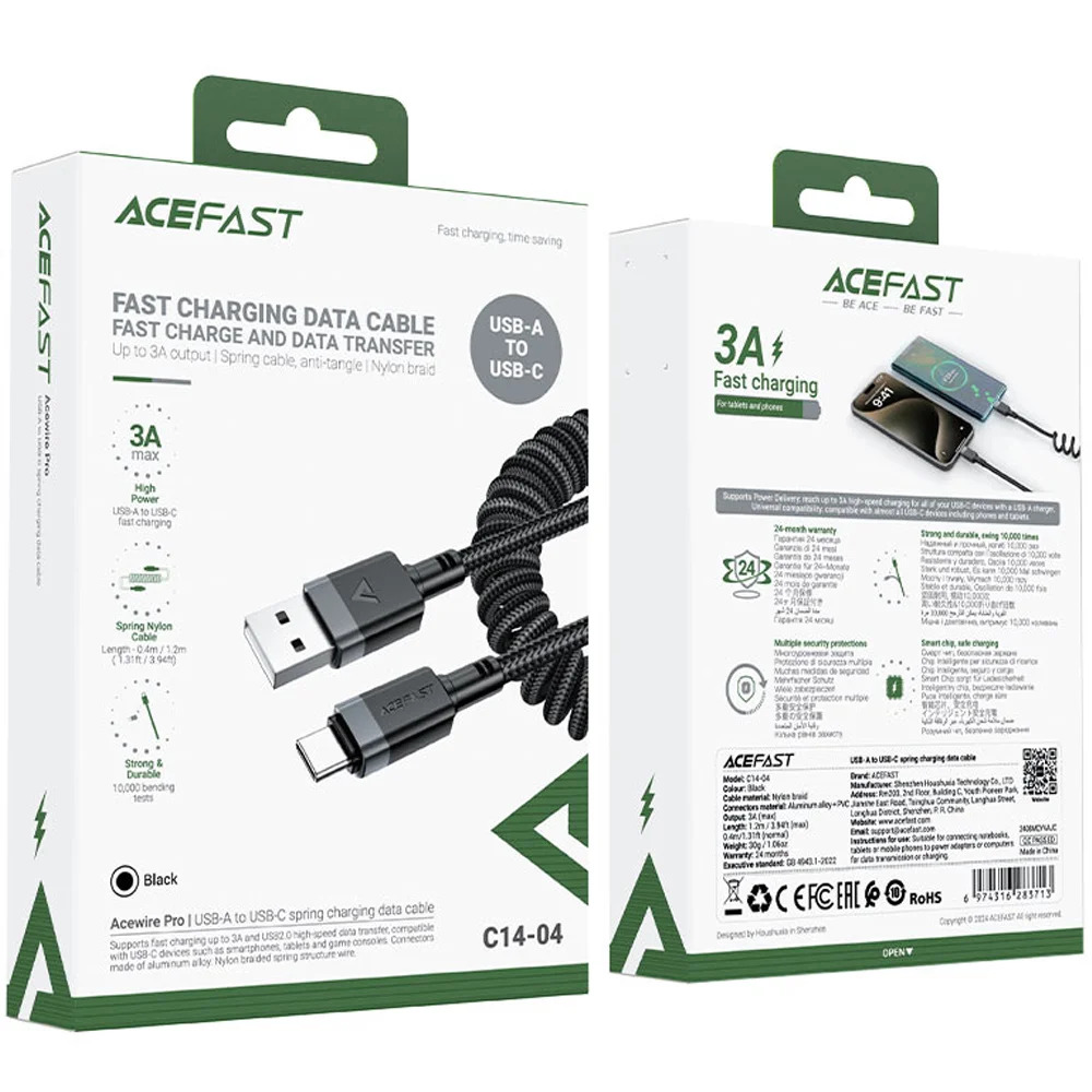 Καλώδιο Σύνδεσης Acefast C14-04 USB-A σε USB-C 3A Fast Charge USB2.0 Spring Braided Μαύρο 1.2m. Καλώδιο Σύνδεσης Acefast C14-04 USB-A σε USB-C 3A Fast Charge USB2.0 Spring Braided Μαύρο 1.2m.