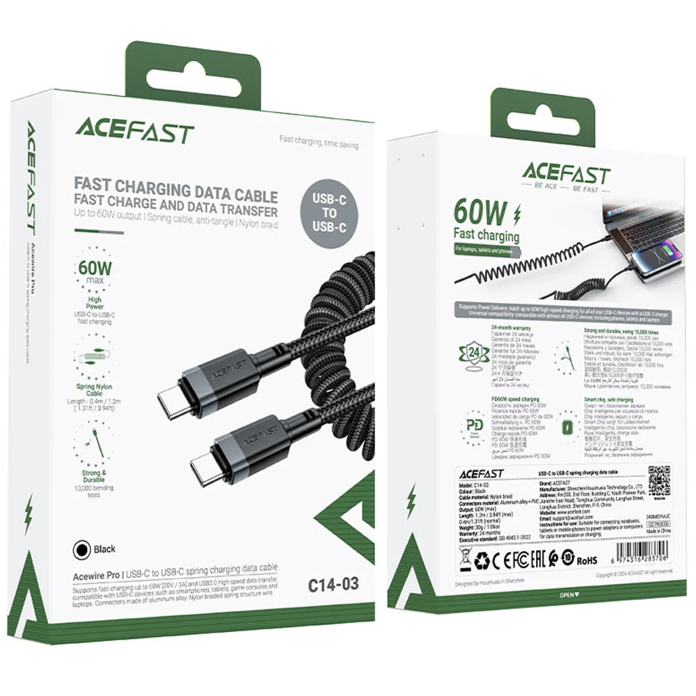 Καλώδιο Σύνδεσης Acefast C14-03 USB-C σε USB-C PD60W 3A Fast Charge USB2.0 Spring Braided Μαύρο 1.2m. Καλώδιο Σύνδεσης Acefast C14-03 USB-C σε USB-C PD60W 3A Fast Charge USB2.0 Spring Braided Μαύρο 1.2m.