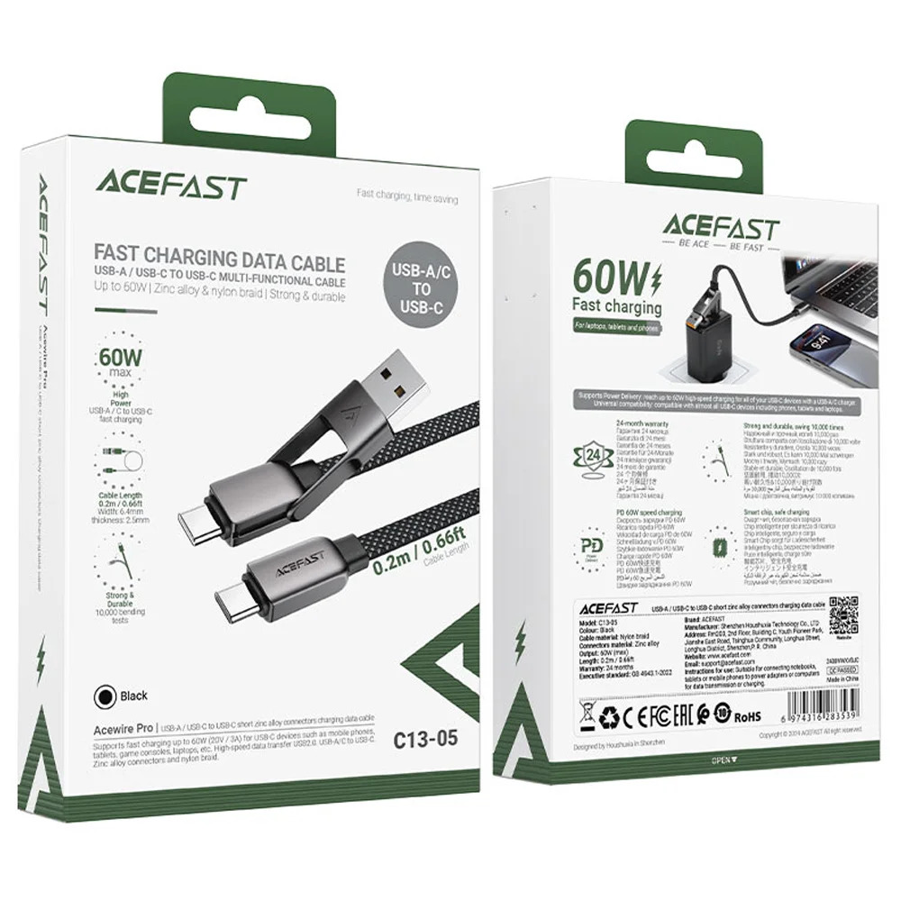 Καλώδιο Σύνδεσης Acefast C13-05 USB-C / USB-A σε USB-C PD60W 3A Fast Charge USB2.0 Braided Μαύρο 0.2m. Καλώδιο Σύνδεσης Acefast C13-05 USB-C / USB-A σε USB-C PD60W 3A Fast Charge USB2.0 Braided Μαύρο 0.2m.