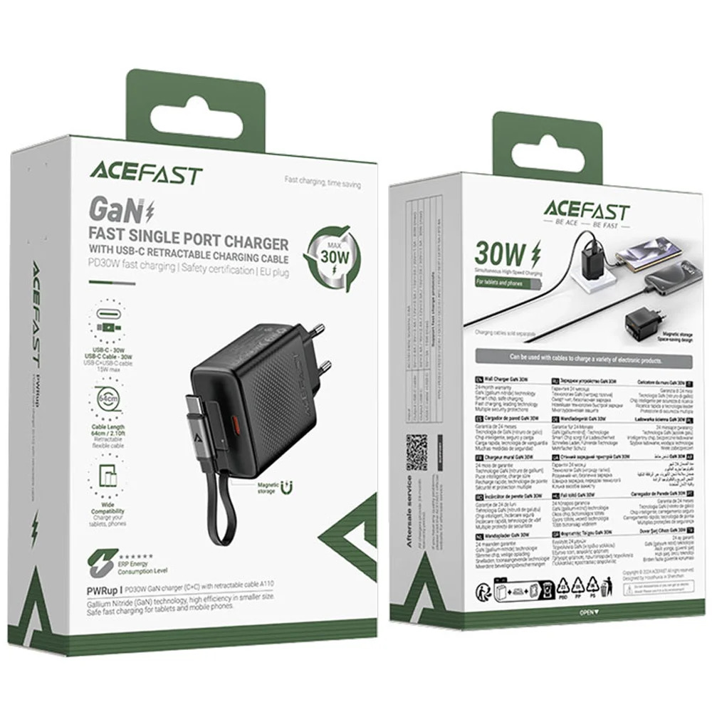 Φορτιστής Ταξιδίου Acefast A110 Fast Charging USB-C PD30W QC3.0 GaN και Αναδιπλούμενο Καλώδιο USB-C 0.64m Μαύρος Φορτιστής Ταξιδίου Acefast A110 Fast Charging USB-C PD30W QC3.0 GaN και Αναδιπλούμενο Καλώδιο USB-C 0.64m Μαύρος