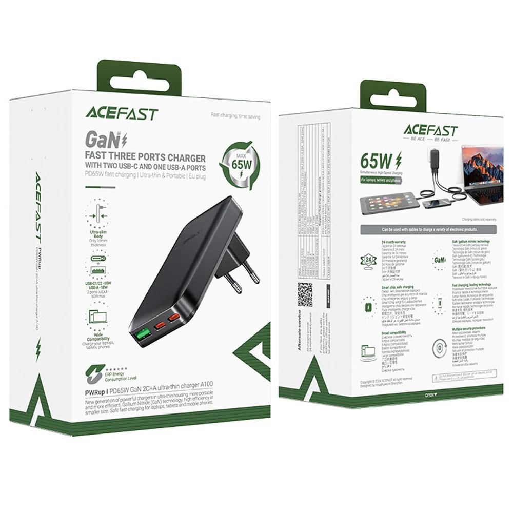 Φορτιστής Ταξιδίου Acefast A100 Fast Charging Ultra Thin Γωνιακός με 2xUSB-C 1xUSB-A PD65W QC3.0 GaN Μαύρος Φορτιστής Ταξιδίου Acefast A100 Fast Charging Ultra Thin Γωνιακός με 2xUSB-C 1xUSB-A PD65W QC3.0 GaN Μαύρος