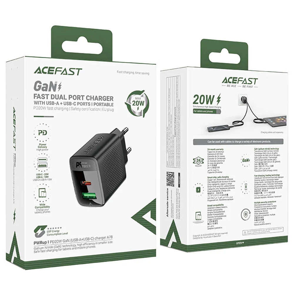 Φορτιστής Ταξιδίου Acefast A78 Fast Charging 1xUSB-C 1xUSB-A PD20W QC3.0 GaN Μαύρος Φορτιστής Ταξιδίου Acefast A78 Fast Charging 1xUSB-C 1xUSB-A PD20W QC3.0 GaN Μαύρος