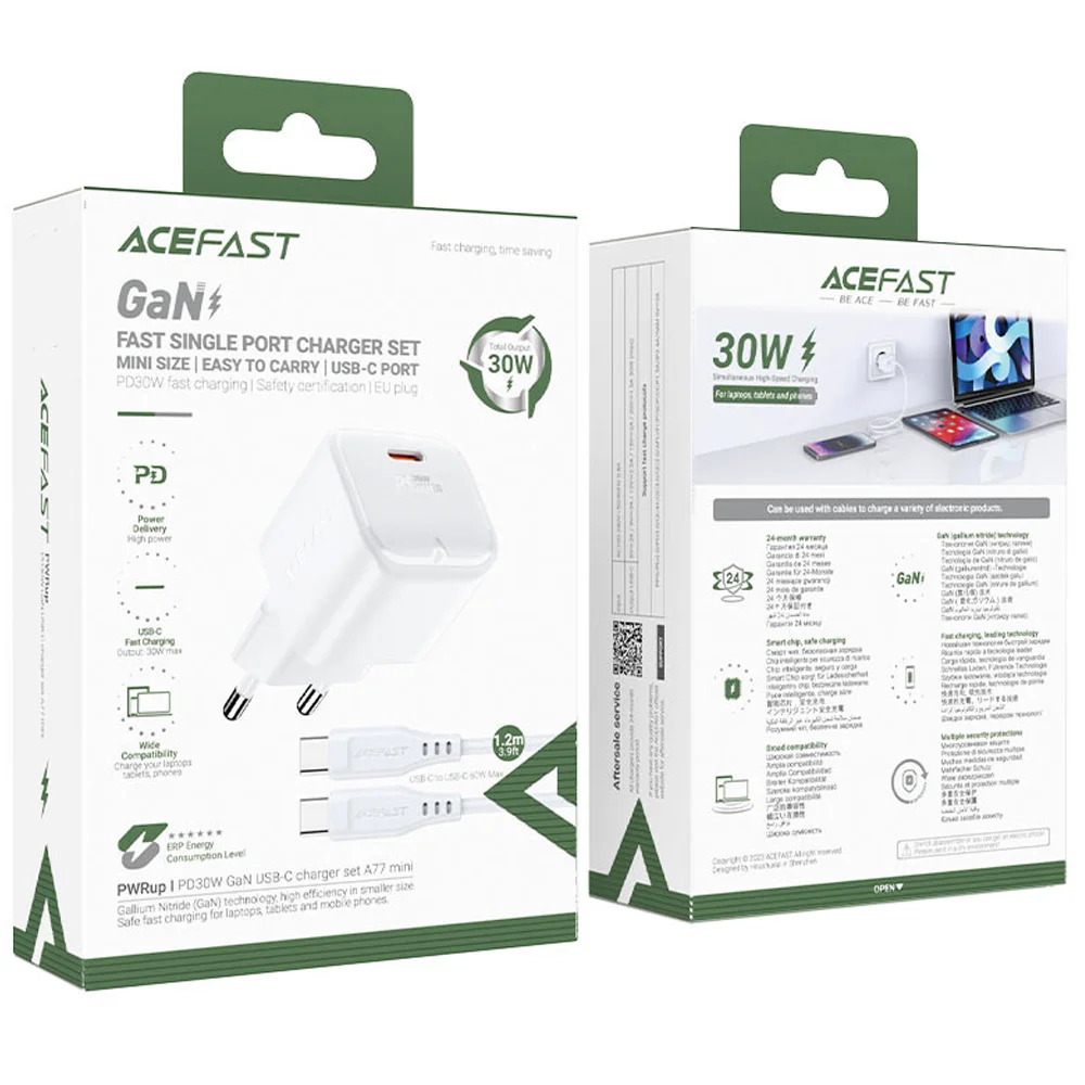 Φορτιστής Ταξιδίου Acefast A77 Mini Fast Charging 1xUSB-C PD30W QC3.0 GaN Λευκός + Καλώδιο USB-C σε USB-C Φορτιστής Ταξιδίου Acefast A77 Mini Fast Charging 1xUSB-C PD30W QC3.0 GaN Λευκός + Καλώδιο USB-C σε USB-C