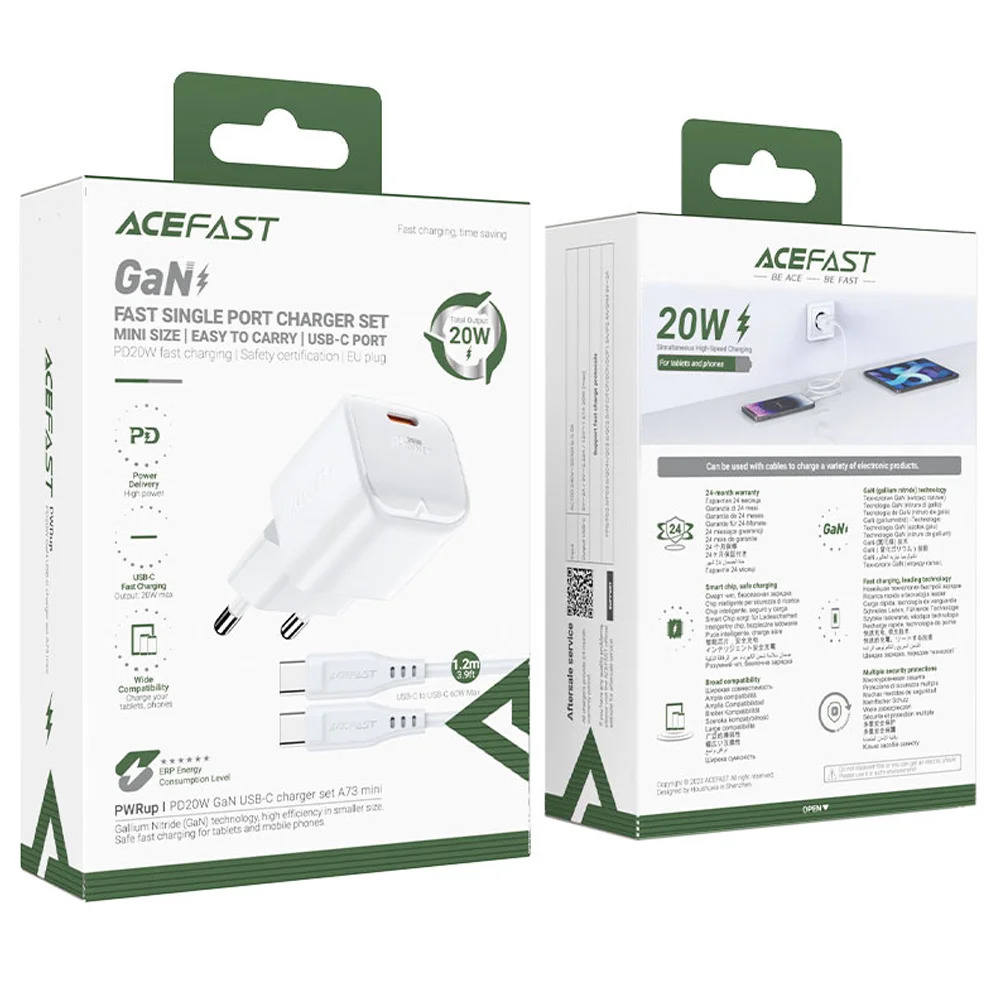 Φορτιστής Ταξιδίου Acefast A73 Mini Fast Charging 1xUSB-C PD20W QC3.0 GaN Λευκός + Καλώδιο USB-C σε USB-C Φορτιστής Ταξιδίου Acefast A73 Mini Fast Charging 1xUSB-C PD20W QC3.0 GaN Λευκός + Καλώδιο USB-C σε USB-C