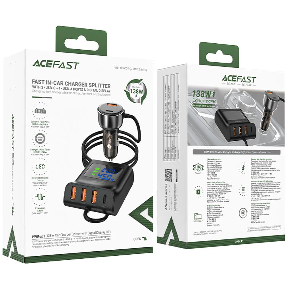 Acefast B11 Φορτιστής Αυτοκινήτου 138W με 4xUSB-A 2xUSB-C με Hub Splitter με Καλώδιο 1.10m και LED Ένδειξη Μαύρος Acefast B11 Φορτιστής Αυτοκινήτου 138W με 4xUSB-A 2xUSB-C με Hub Splitter με Καλώδιο 1.10m και LED Ένδειξη Μαύρος