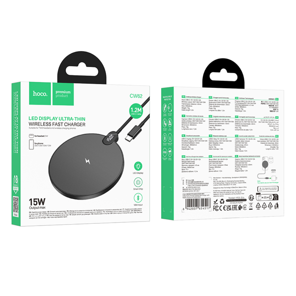 Ασύρματος Φορτιστής Hoco CW62 Peak PD15W Ultra-thin με Ψηφιακή Ένδειξη Φόρτισης 1.2m Μαύρος Ασύρματος Φορτιστής Hoco CW62 Peak PD15W Ultra-thin με Ψηφιακή Ένδειξη Φόρτισης 1.2m Μαύρος