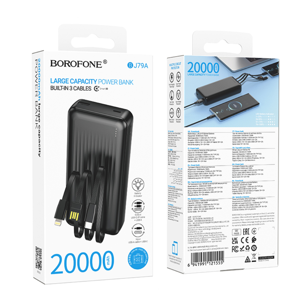 Power Bank Borofone BJ79A 20000mAh με 3 Καλώδια Φόρτισης USB-C, USB-A, Lightning και LED Ένδειξη Μπαταρίας Μαύρο Power Bank Borofone BJ79A 20000mAh με 3 Καλώδια Φόρτισης USB-C, USB-A, Lightning και LED Ένδειξη Μπαταρίας Μαύρο