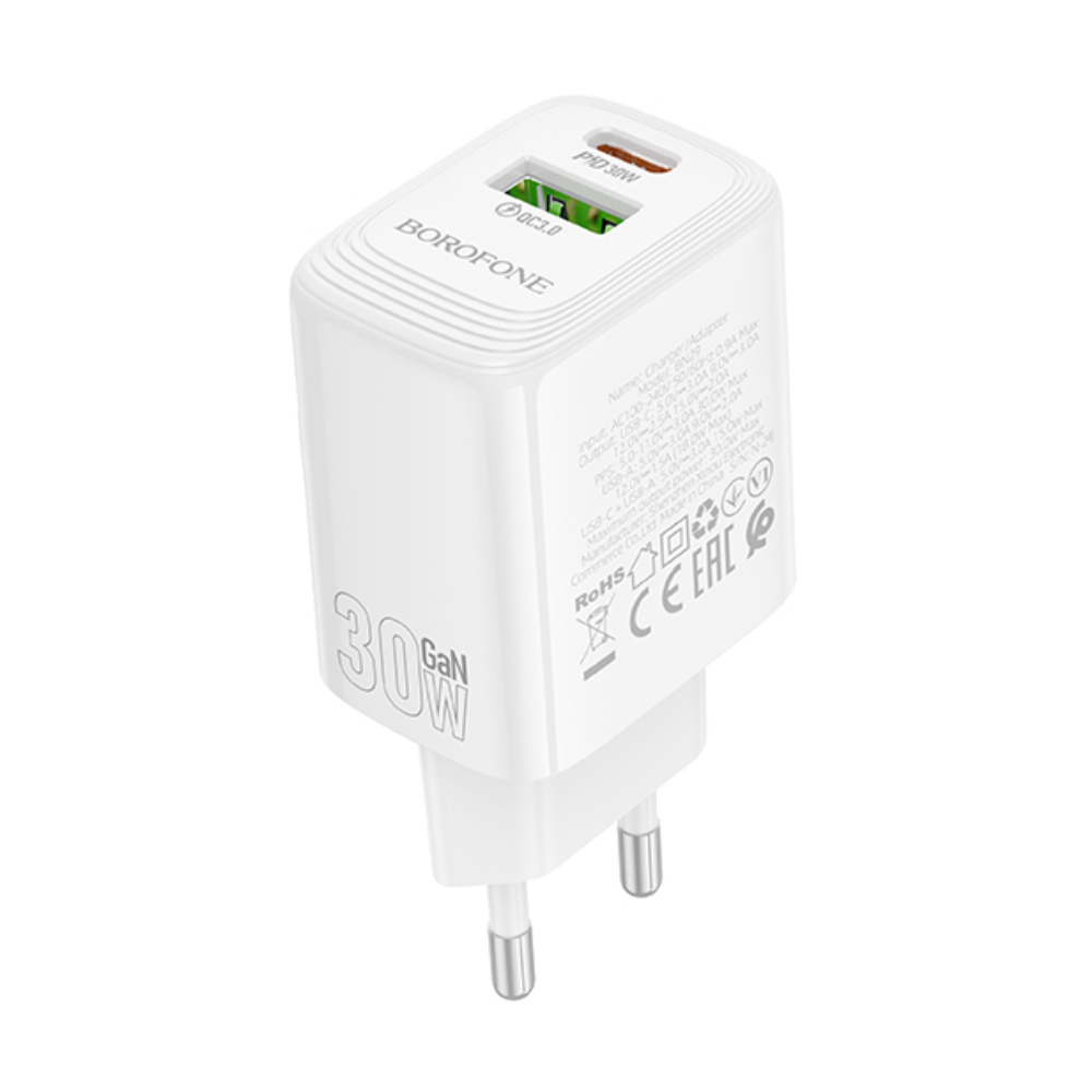 Φορτιστής Ταξιδίου Borofone BN29 Fuente GaN με 1xUSB-C PD30W και 1xUSB-A QC3.0A Λευκός Φορτιστής Ταξιδίου Borofone BN29 Fuente GaN με 1xUSB-C PD30W και 1xUSB-A QC3.0A Λευκός