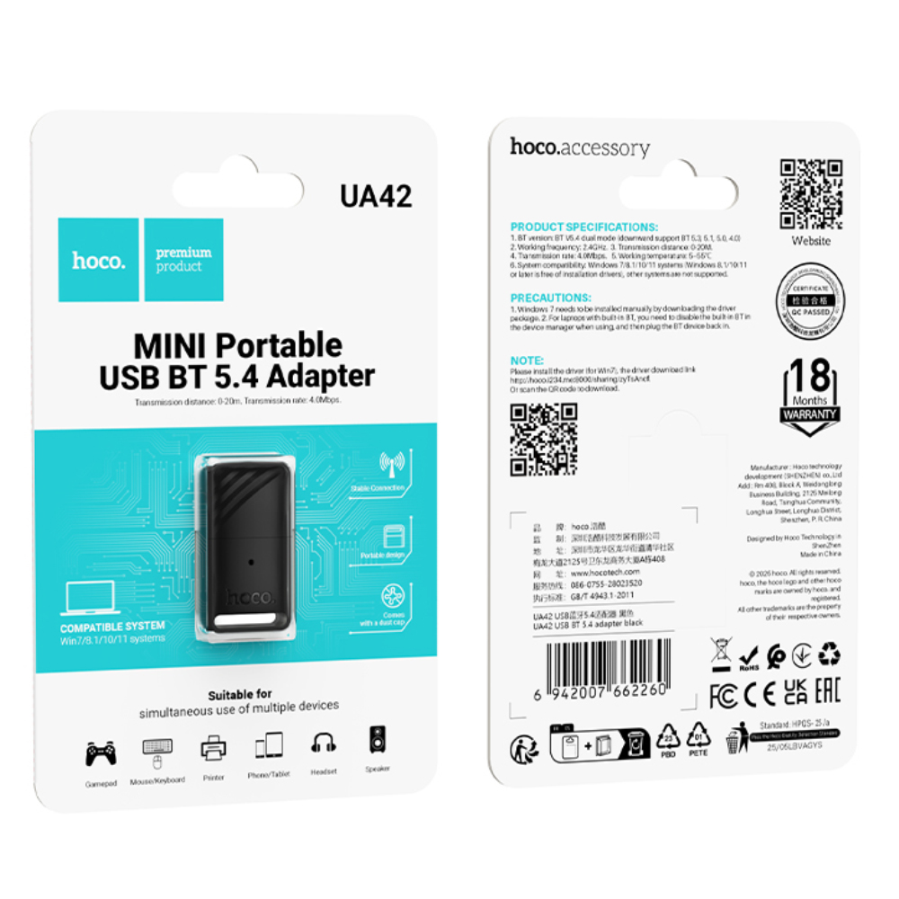 Αντάπτορας Wireless Hoco UA42 USB Bluetooth v5.4 Μαύρο Αντάπτορας Wireless Hoco UA42 USB Bluetooth v5.4 Μαύρο
