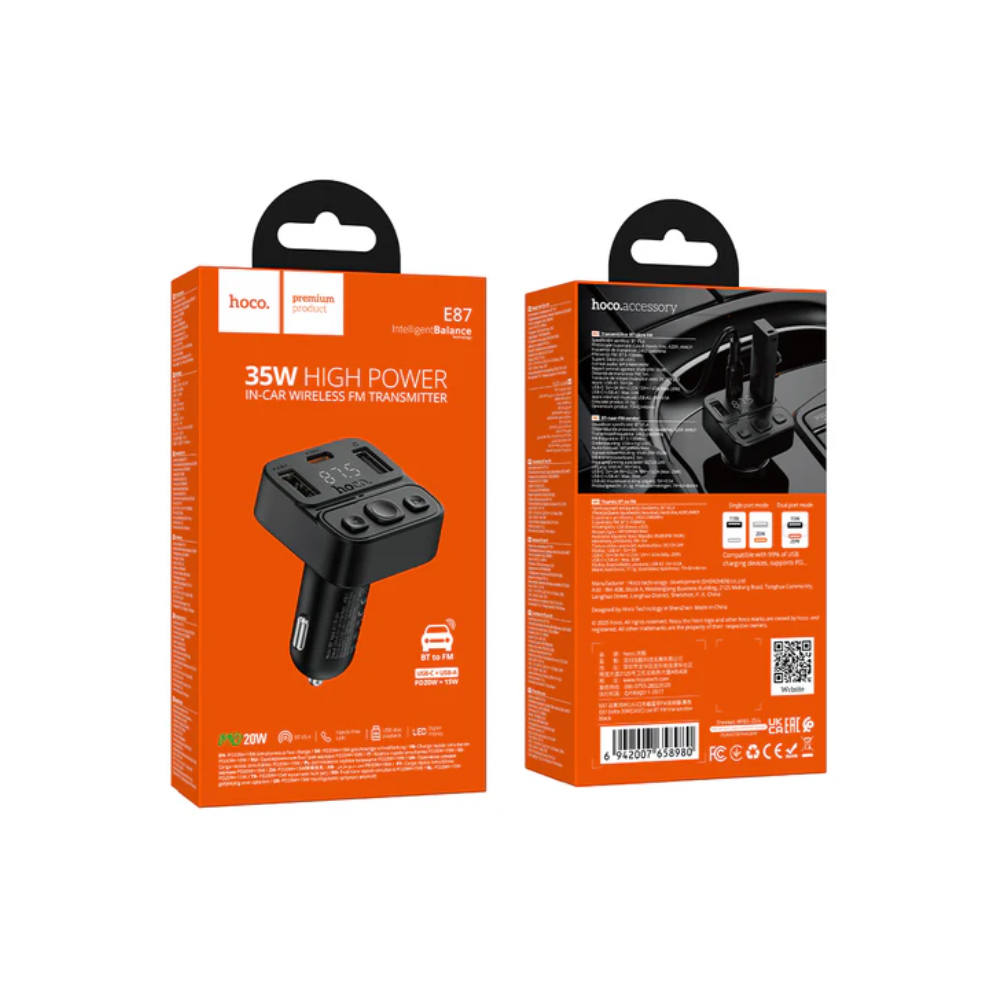 Bluetooth FM Transmitter Hoco E87 Delta 35W με 2xUSB-A και 1xUSB-C PD20W BT v5.4 Υποστηρίζει Αναπαραγωγή Μουσικής απο USB και Απάντηση Κλήσεων Bluetooth FM Transmitter Hoco E87 Delta 35W με 2xUSB-A και 1xUSB-C PD20W BT v5.4 Υποστηρίζει Αναπαραγωγή Μουσικής απο USB και Απάντηση Κλήσεων