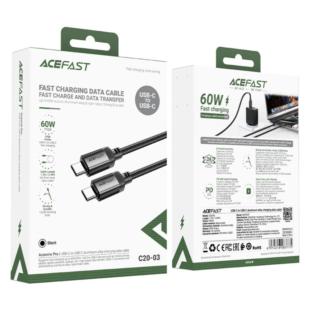Καλώδιο Acefast C20-03 Μεταλλικό USB-C σε USB-C 60W 20V/3A USB2.0 Braided Μαύρο 1.2m Καλώδιο Acefast C20-03 Μεταλλικό USB-C σε USB-C 60W 20V/3A USB2.0 Braided Μαύρο 1.2m