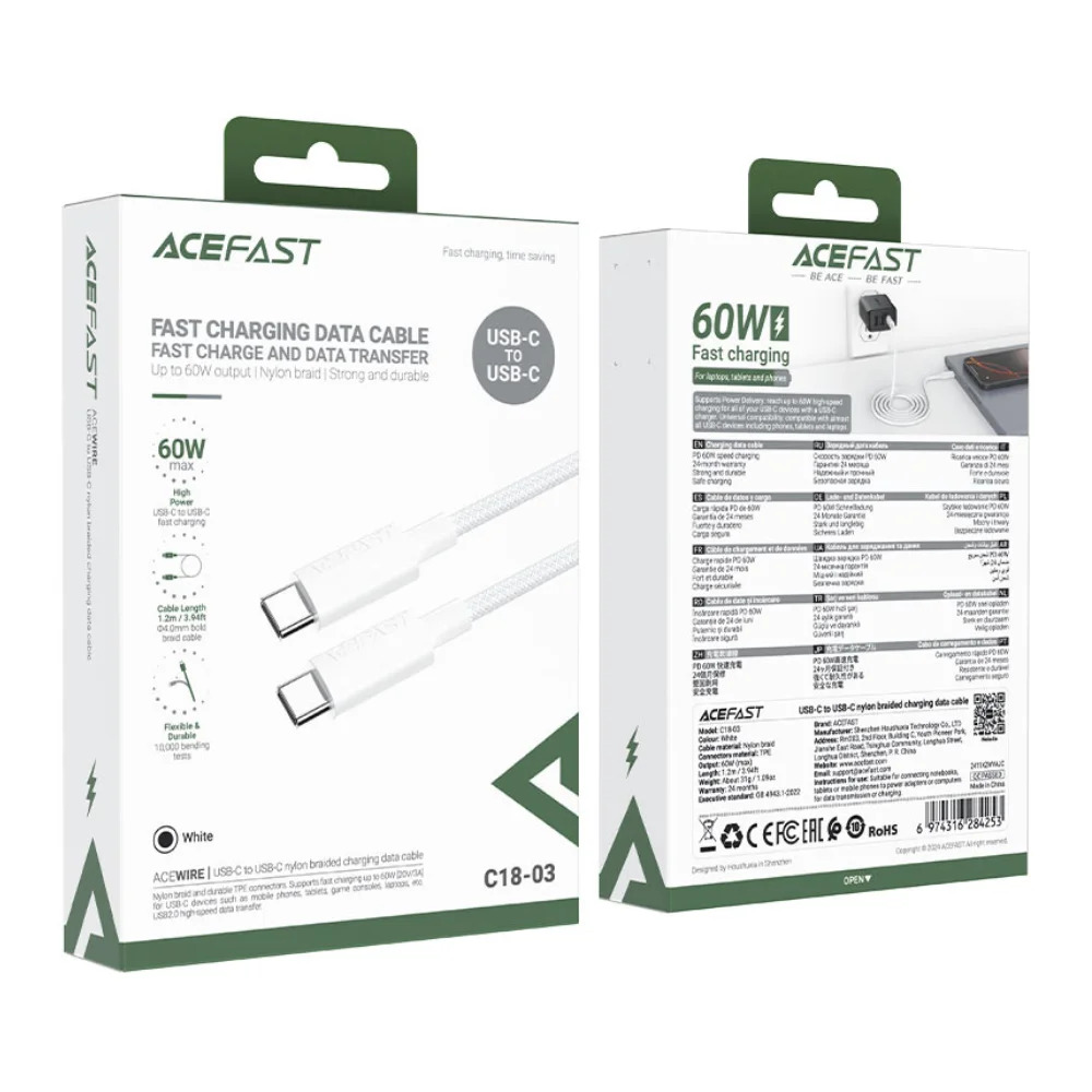 Καλώδιο Acefast C18-03 USB-C σε USB-C 60W 20V/3A USB2.0 Braided Λευκό 1.2m Καλώδιο Acefast C18-03 USB-C σε USB-C 60W 20V/3A USB2.0 Braided Λευκό 1.2m