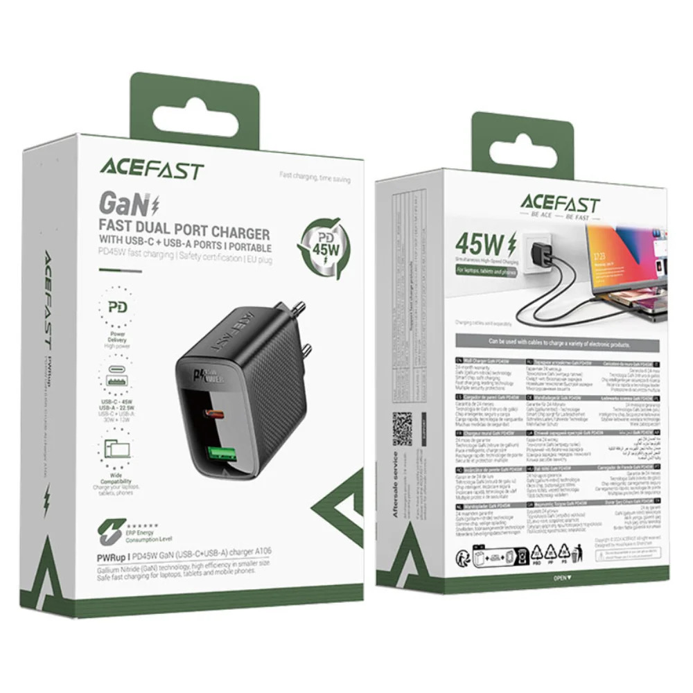 Φορτιστής Ταξιδίου Acefast A106 Fast Charging με 1xUSB-C + 1xUSB-A PD45W GaN Μαύρος Φορτιστής Ταξιδίου Acefast A106 Fast Charging με 1xUSB-C + 1xUSB-A PD45W GaN Μαύρος