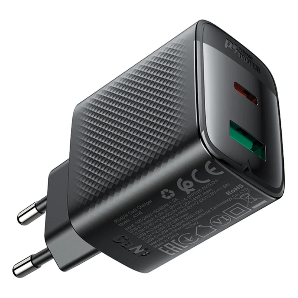 Φορτιστής Ταξιδίου Acefast A106 Fast Charging με 1xUSB-C + 1xUSB-A PD45W GaN Μαύρος Φορτιστής Ταξιδίου Acefast A106 Fast Charging με 1xUSB-C + 1xUSB-A PD45W GaN Μαύρος