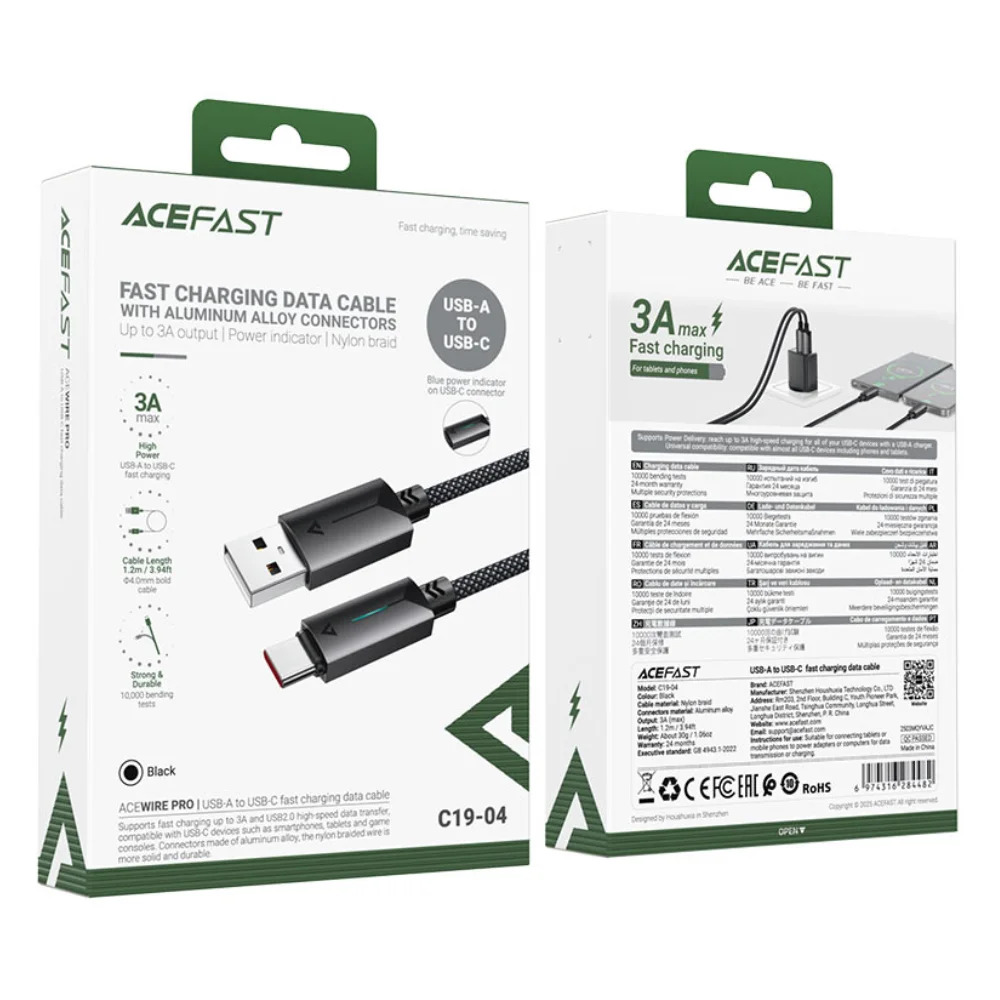 Καλώδιο Acefast C19-04 Μεταλλικό USB-A σε USB-C 3.0A Γρήγορη Φόρτιση USB2.0 με Ένδειξη Φόρτισης Braided Μαύρο 1.2m Καλώδιο Acefast C19-04 Μεταλλικό USB-A σε USB-C 3.0A Γρήγορη Φόρτιση USB2.0 με Ένδειξη Φόρτισης Braided Μαύρο 1.2m