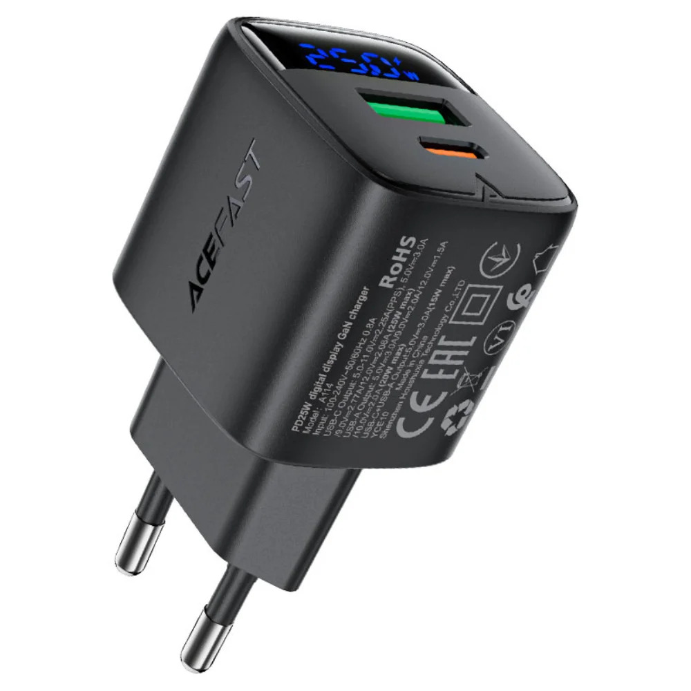 Φορτιστής Ταξιδίου Acefast A114 Fast Charging 1xUSB-A + 1xUSB-C PD25W QC3.0 GaN με LED Ένδειξη Μαύρος Φορτιστής Ταξιδίου Acefast A114 Fast Charging 1xUSB-A + 1xUSB-C PD25W QC3.0 GaN με LED Ένδειξη Μαύρος
