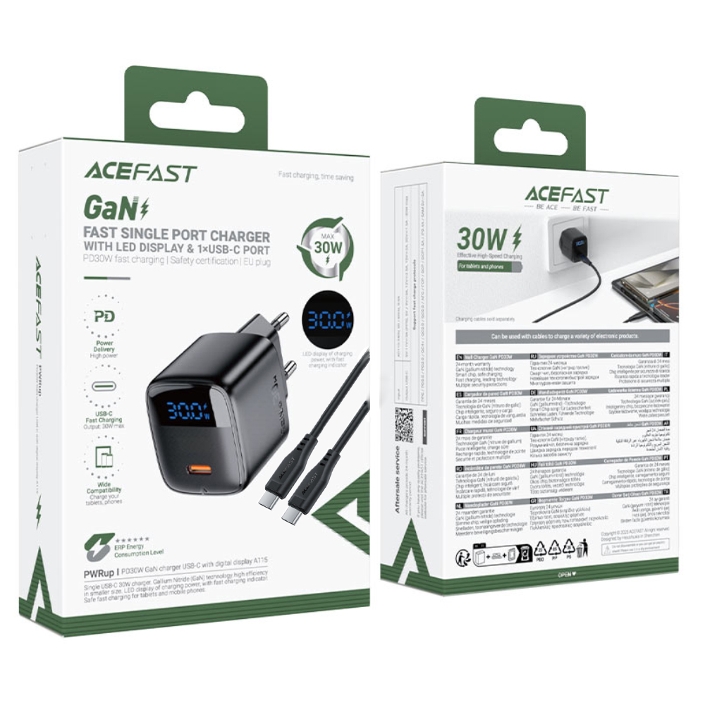Φορτιστής Ταξιδίου Acefast A115 Fast Charging USB-C PD30W 3.0A GaN με LED Ένδειξη Φόρτισης + Καλώδιο USB-C σε USB-C Μαύρος Φορτιστής Ταξιδίου Acefast A115 Fast Charging USB-C PD30W 3.0A GaN με LED Ένδειξη Φόρτισης + Καλώδιο USB-C σε USB-C Μαύρος