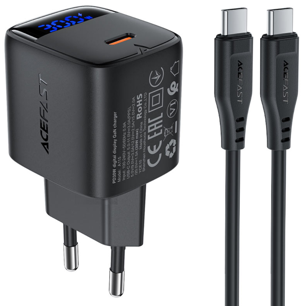 Φορτιστής Ταξιδίου Acefast A115 Fast Charging USB-C PD30W 3.0A GaN με LED Ένδειξη Φόρτισης + Καλώδιο USB-C σε USB-C Μαύρος Φορτιστής Ταξιδίου Acefast A115 Fast Charging USB-C PD30W 3.0A GaN με LED Ένδειξη Φόρτισης + Καλώδιο USB-C σε USB-C Μαύρος