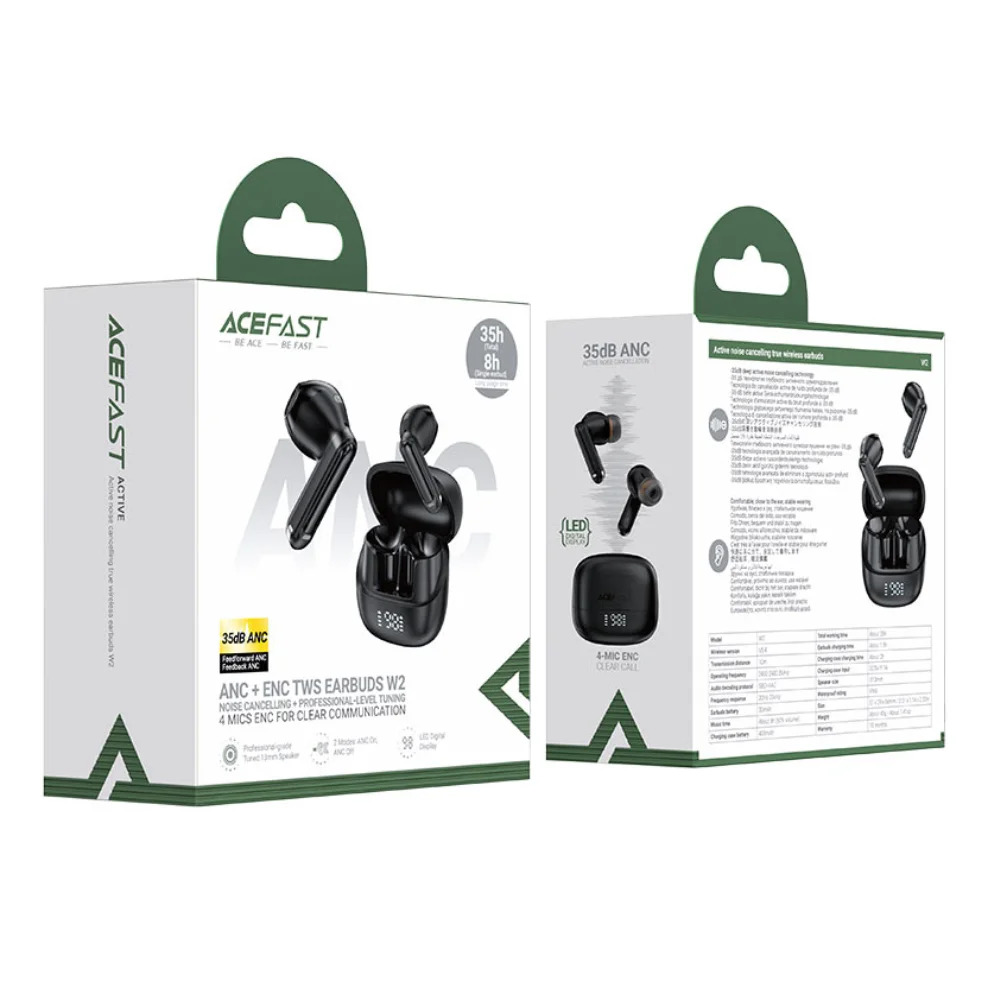 Wireless Earphones Hands Free Acefast W2 TWS v5.4 400mAh 8hr Λειτουργίας ANC και 4-Mic ENC Τεχνολογία IPX4 με LED Display Μαύρα Wireless Earphones Hands Free Acefast W2 TWS v5.4 400mAh 8hr Λειτουργίας ANC και 4-Mic ENC Τεχνολογία IPX4 με LED Display Μαύρα