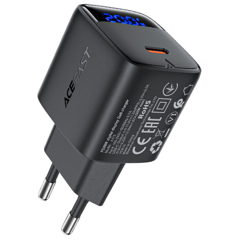 Φορτιστής Ταξιδίου Acefast A113 Fast Charging USB-C PD20W GaN με Digital Ένδειξη Φόρτισης Μαύρος Φορτιστής Ταξιδίου Acefast A113 Fast Charging USB-C PD20W GaN με Digital Ένδειξη Φόρτισης Μαύρος