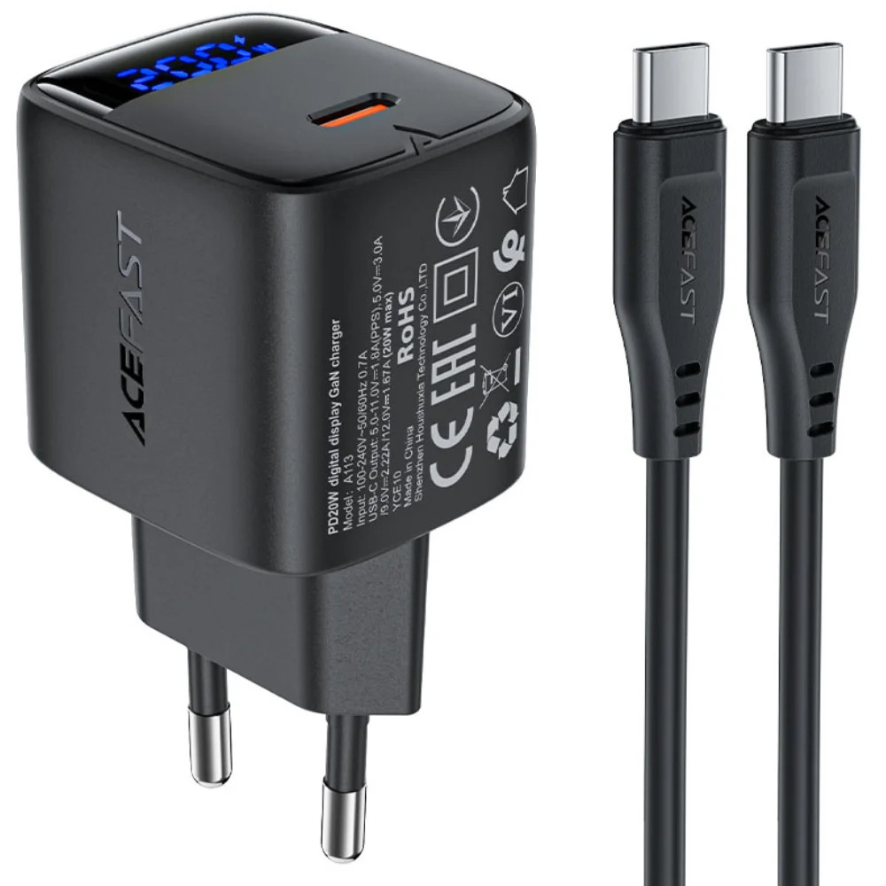Φορτιστής Ταξιδίου Acefast A113 Fast Charging USB-C PD20W GaN με Digital Ένδειξη Φόρτισης + Καλώδιο USB-C σε USB-C Μαύρος Φορτιστής Ταξιδίου Acefast A113 Fast Charging USB-C PD20W GaN με Digital Ένδειξη Φόρτισης + Καλώδιο USB-C σε USB-C Μαύρος