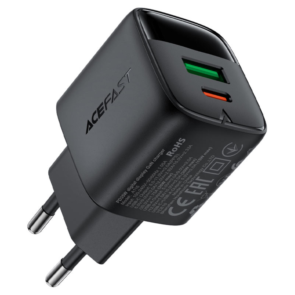 Φορτιστής Ταξιδίου Acefast A116 Fast Charging USB-C PD35W GaN με Digital Ένδειξη Μαύρος Φορτιστής Ταξιδίου Acefast A116 Fast Charging USB-C PD35W GaN με Digital Ένδειξη Μαύρος