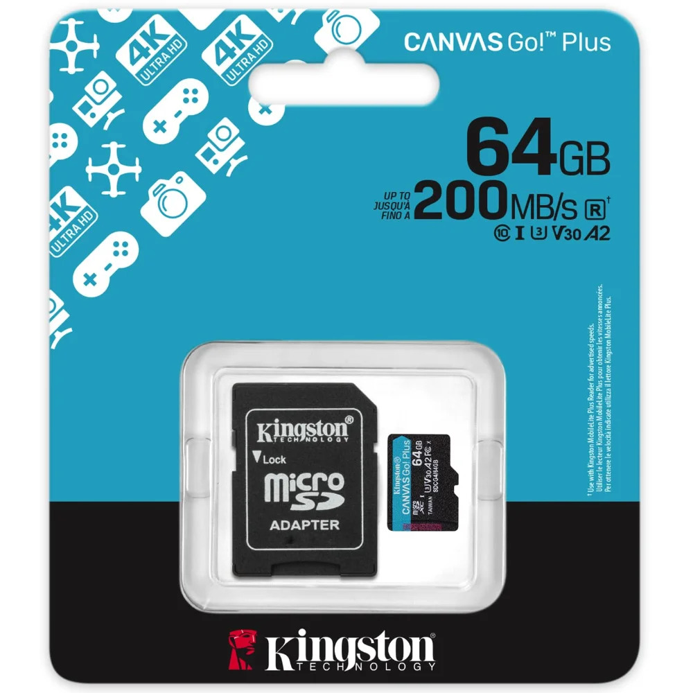 Κάρτα Μνήμης Kingston CanvasGo+ MicroSDXC 64GB Class 10 με SD Αντάπτορα εως 200Mb/s SDCG4/64GB Κάρτα Μνήμης Kingston CanvasGo+ MicroSDXC 64GB Class 10 με SD Αντάπτορα εως 200Mb/s SDCG4/64GB